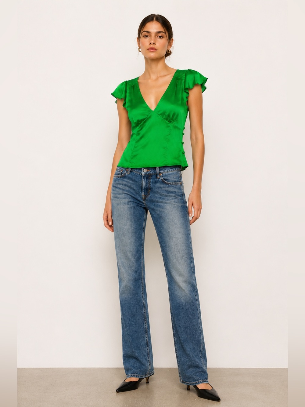 Vintage Y2K Polo Jeans Co Ralph Lauren Green Silk Flutter Sleeve Blouse. Medium